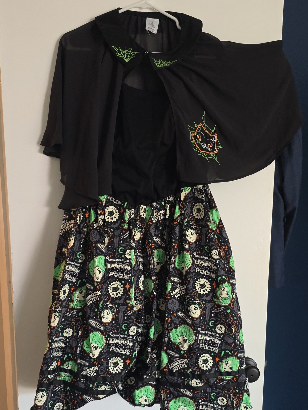 Disney Black Dress with Green and Orange Hocus Pocus Print and Capelet